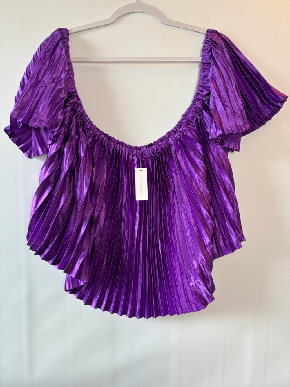 New York & Company Metallic Pleated Off-Shoulder Satin Top in Purple